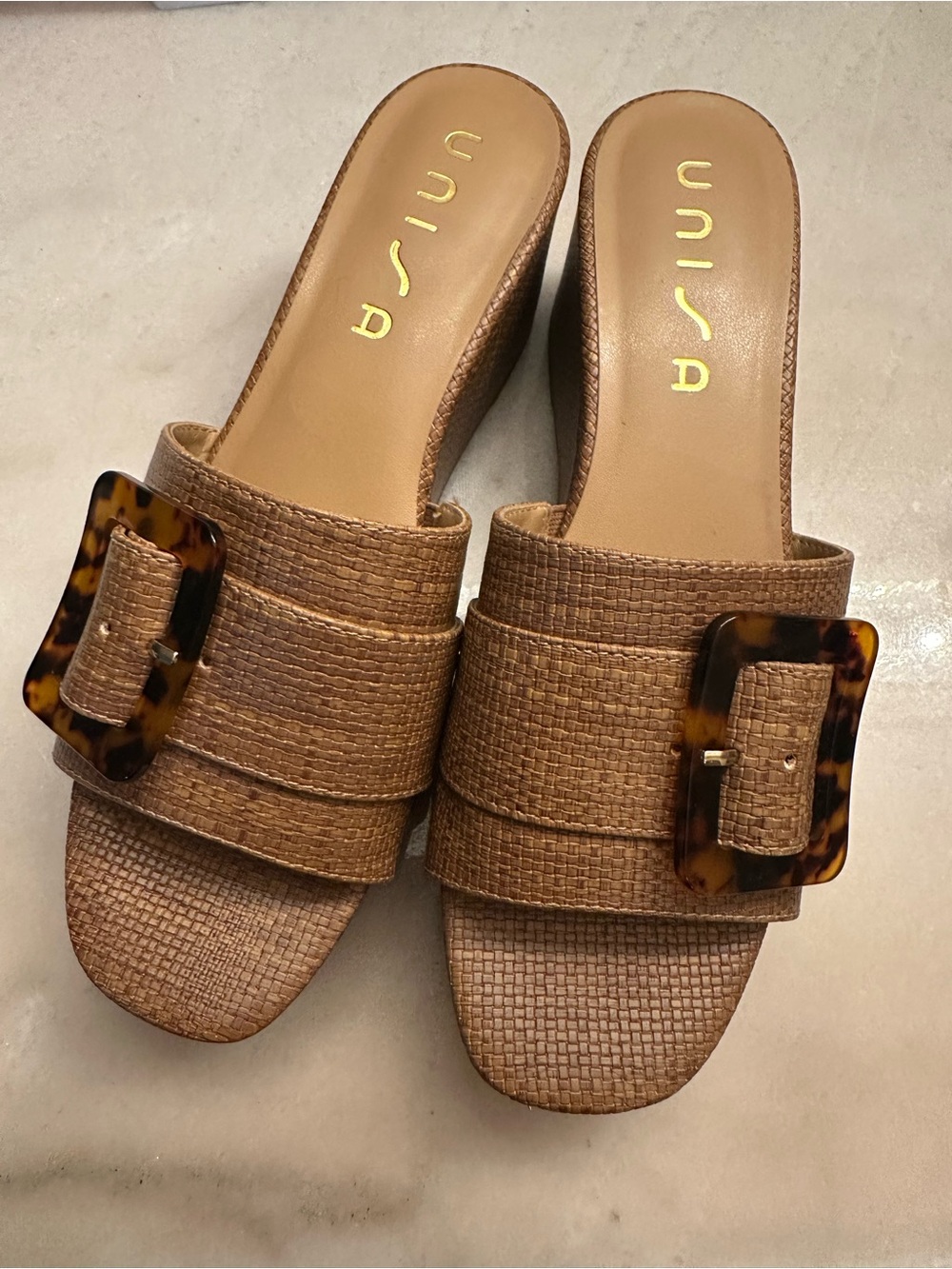 Unisa Tan Raffia Wedge Slides Sz 10